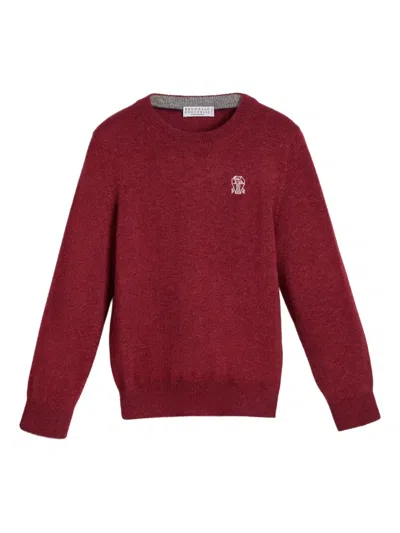 Brunello Cucinelli Kids' Embroidered-logo Crew-neck Sweater In Brown