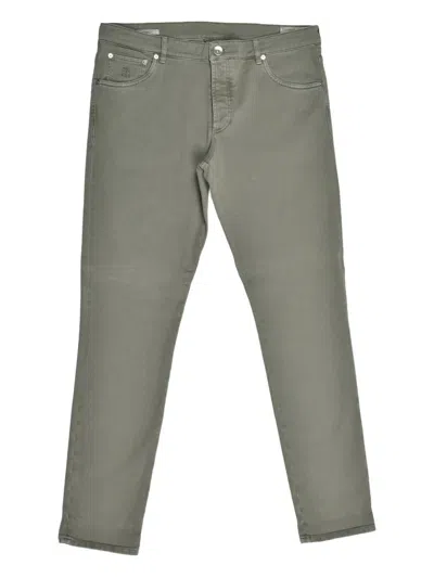 Brunello Cucinelli Embroidered-logo Leather-patch Jeans In Green