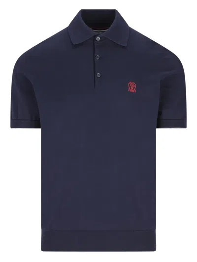 Brunello Cucinelli Embroidered Cotton Pique Polo Shirt In Blue