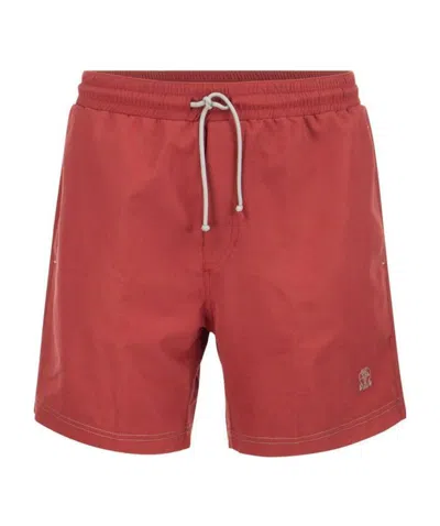 Brunello Cucinelli Embroidered-logo Swim Shorts In Red