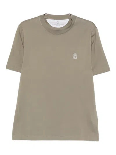 Brunello Cucinelli Cotton Jersey Crew Neck T-shirt With Logo In Brown
