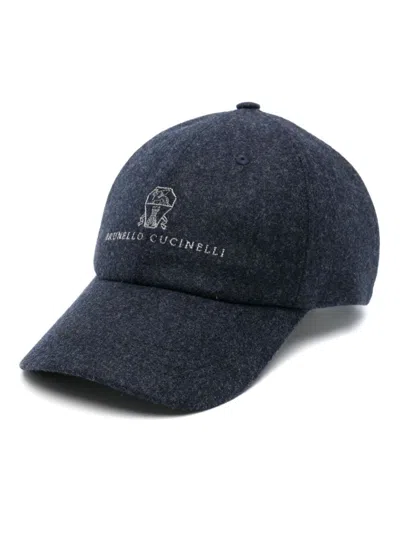 Brunello Cucinelli Embroidered-logo Wool Baseball Cap In Blue