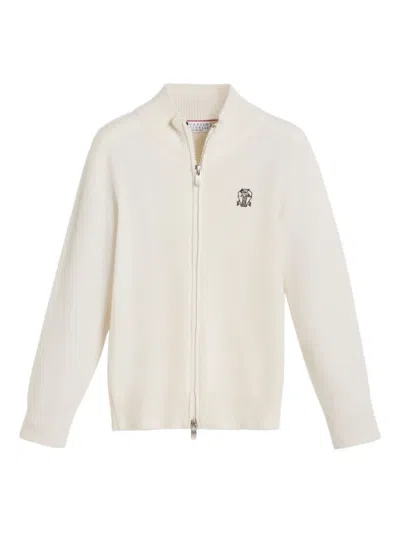 Brunello Cucinelli Logo刺绣拉链开衫 In White