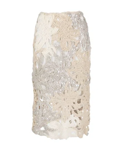 Brunello Cucinelli Embroidered Midi Skirt In Nude