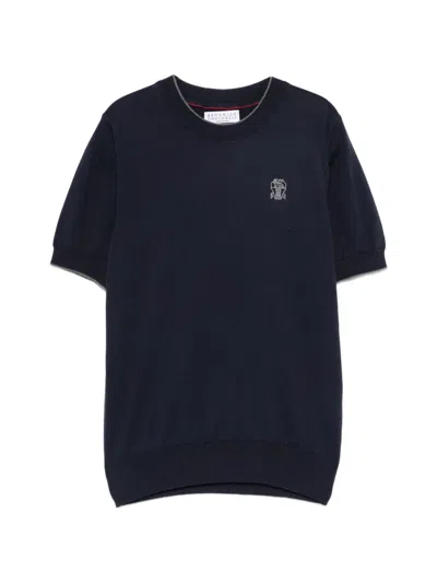 Brunello Cucinelli Embroidered Short-sleeve T-shirt In Blue