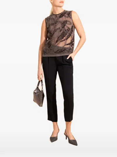 Brunello Cucinelli Embroidered Sleeveless Blouse In Brown