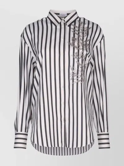 Brunello Cucinelli Embroidered Striped Long Sleeves Shirt In Blue