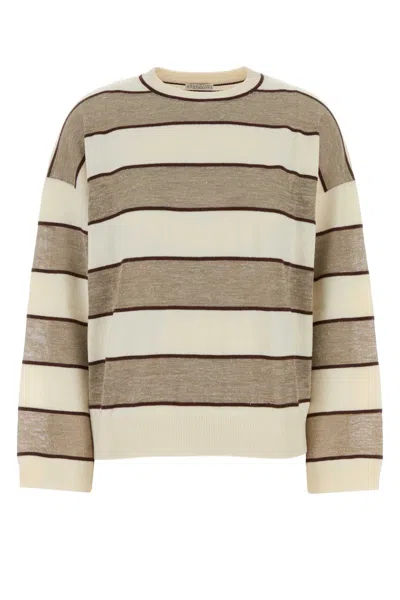 Brunello Cucinelli Embroidered Wool Blend Oversized Striped Sweater In Brown
