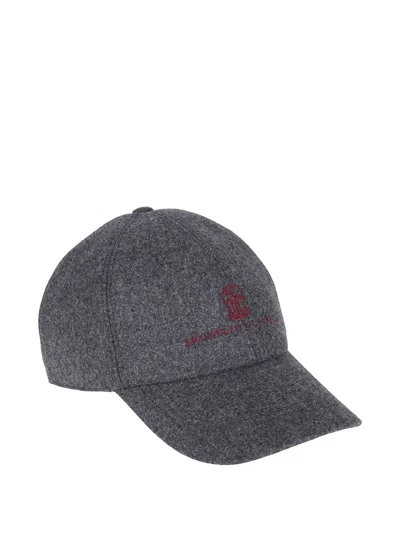 Brunello Cucinelli Embroidered Wool Cap In Gray