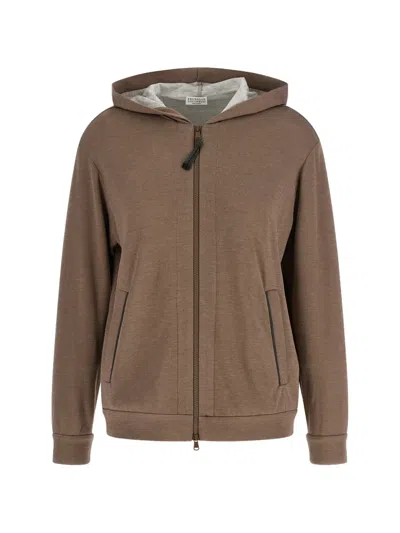 Brunello Cucinelli Embroidered Zip Hoodie In Brown