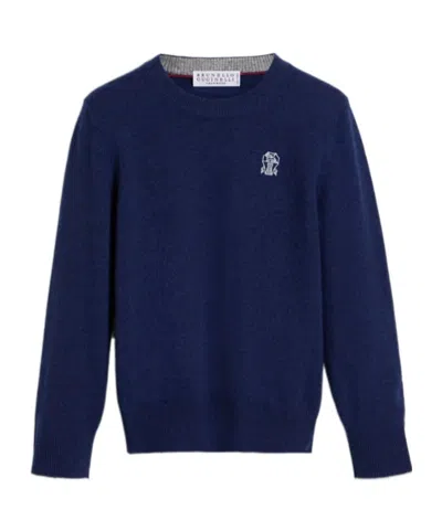 Brunello Cucinelli Kids' Embroidered-logo Cashmere Sweater In Blue