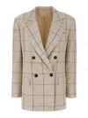 Brunello Cucinelli Checkered Double-breasted Blazer With Embroidery In Neutral