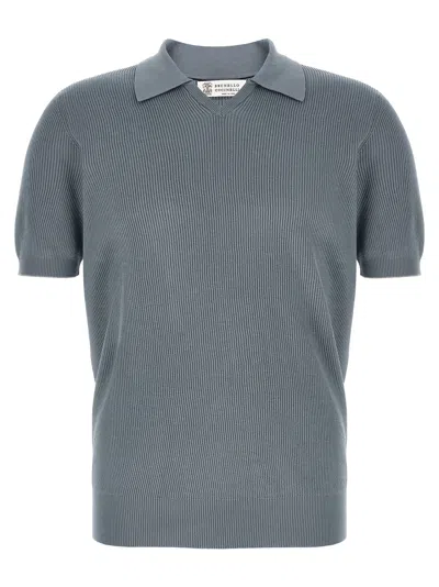 Brunello Cucinelli Coastal Rib Knit Polo Short Sleeves In Blue