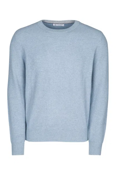 Brunello Cucinelli English Rib Cash Crewnk Sweater In Blue
