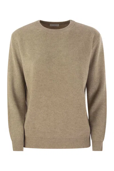 Brunello Cucinelli English Rib Cashmere Sweater With Monile In Brown