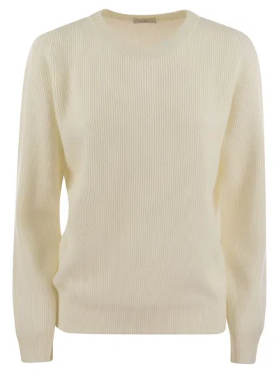 Brunello Cucinelli English Rib Cashmere Sweater With Monile In White