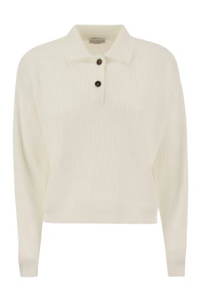 Brunello Cucinelli English Rib Cotton Polo-style Jersey With Jewellery In White