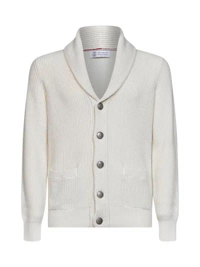 Brunello Cucinelli English Rib Cotton Shawl Collar Cardigan In White