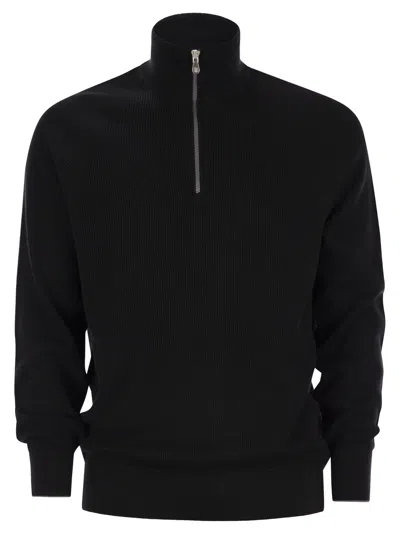 Brunello Cucinelli English Rib Cotton Sweater With Zip Opening And Raglan Sleeves In Black