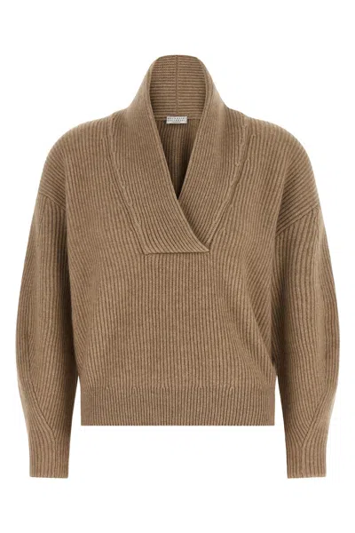 Brunello Cucinelli Cashmere English-rib Shawl-neck Sweater In Brown