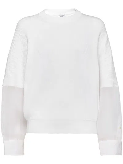 Brunello Cucinelli English Rib Knit Sweater With Organza Sleeves In White