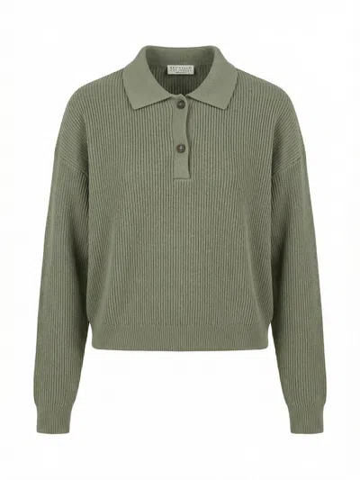 Brunello Cucinelli English Rib Polo-style Sweater With Monili In Green
