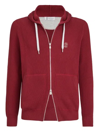 Brunello Cucinelli English-rib Two-way Zip Hoodie In Red