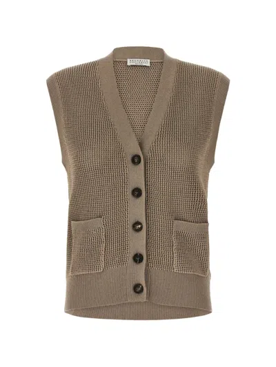 Brunello Cucinelli English Rib V-neck Vest In Brown