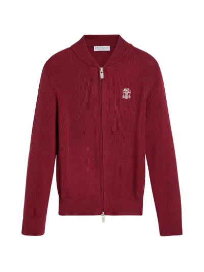 Brunello Cucinelli Kids' English-rib Zipper Cardigan In Red
