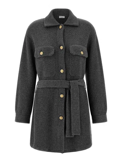 Brunello Cucinelli English Ribbed Cardigan In Gray