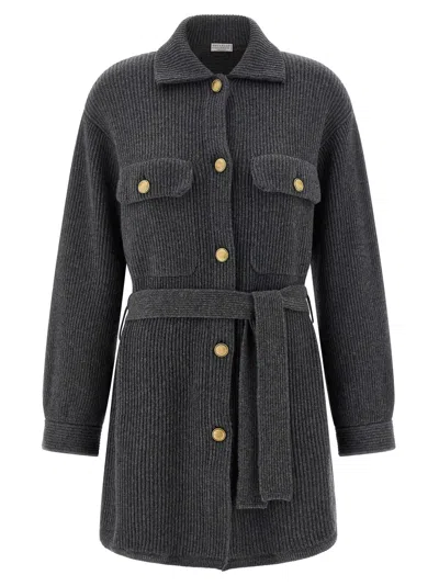 Brunello Cucinelli English Ribbed Cardigan In Gray