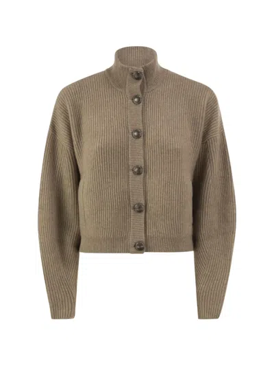 Brunello Cucinelli Pure Cashmere English Rib Cardigan In Brown