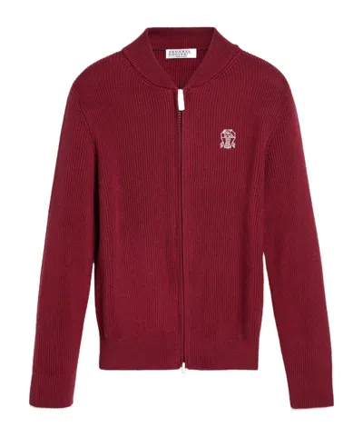 Brunello Cucinelli Kids' English-rib Zipper Cardigan In Red