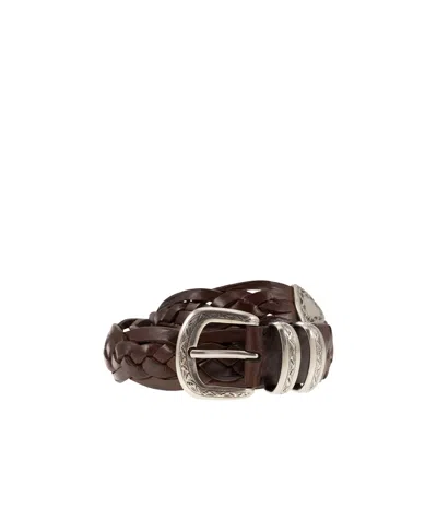 Brunello Cucinelli Engraved-buckle Braided Leather Belt In Brown