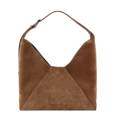 Brunello Cucinelli Engraved Logo Shoulder Bag In Brown