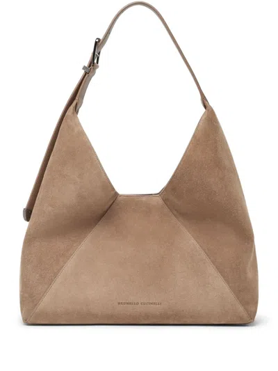 Brunello Cucinelli Engraved Logo Shoulder Bag In Marrone Chiaro