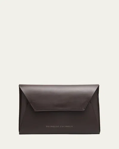 Brunello Cucinelli Envelope Flap Leather Clutch Bag In Brown