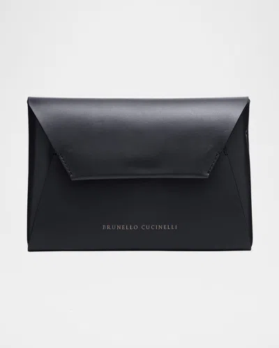 Brunello Cucinelli Envelope Flap Leather Clutch Bag In Gold
