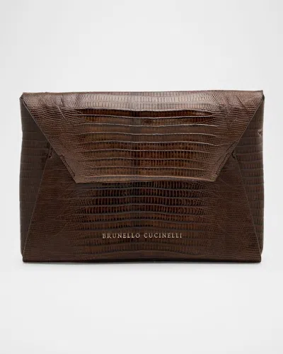 Brunello Cucinelli Envelope Flap Lizard Clutch Bag In Red