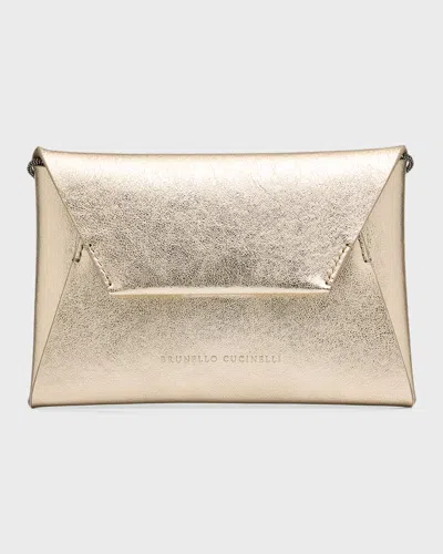 Brunello Cucinelli Envelope Flap Metallic Leather Clutch Bag In Platino