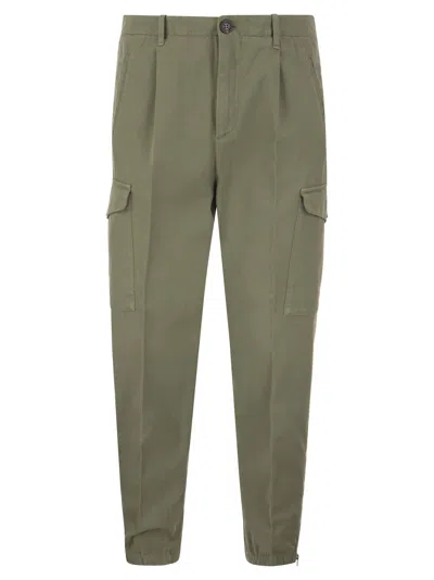 Brunello Cucinelli Ergonomic Fit Trousers In Garment-dyed Comfort Cotton Drill With Darts, Cargo Pockets And Zip At Hem In Sage Green
