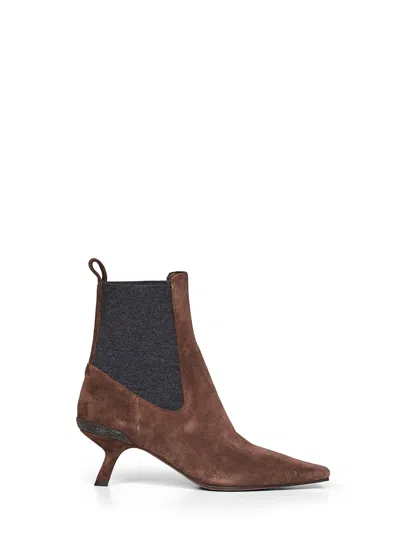 Brunello Cucinelli Espresso Suede Heeled Ankle Boots With Precious Details In Brown