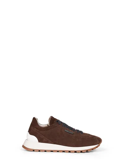 Brunello Cucinelli Espresso Suede Runners With Shiny Tab In Brown