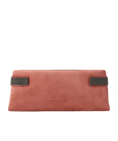 Brunello Cucinelli Essence Bead-embellished Leather-trimmed Suede Clutch In Pink