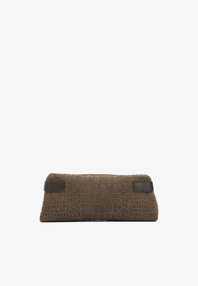 Brunello Cucinelli Essence Croc-embossed Suede Clutch In Brown