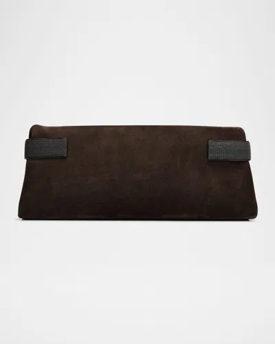 Brunello Cucinelli Essence Medium Suede Pouch Bag In Gray