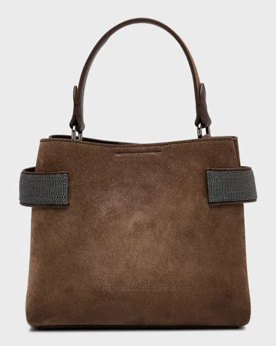 Brunello Cucinelli Essence Mini Monili Velour Top-handle Bag In Brown