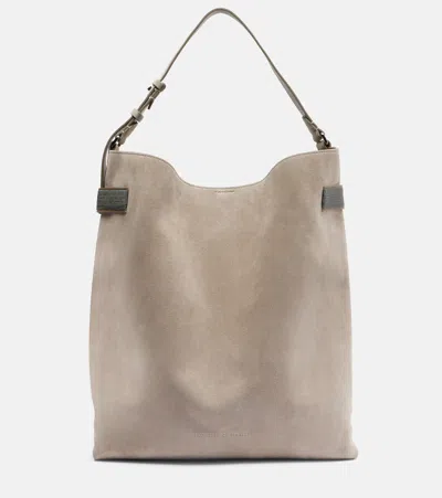 Brunello Cucinelli Essence Monili Large Suede Tote Bag In Gray