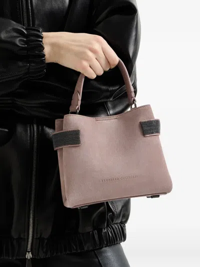 Brunello Cucinelli Essence Small Top-handle Bag In Suede With Precious Bands In Pink