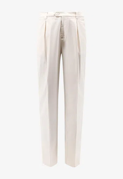 Brunello Cucinelli Double Pleats Logo Tag Trousers In White